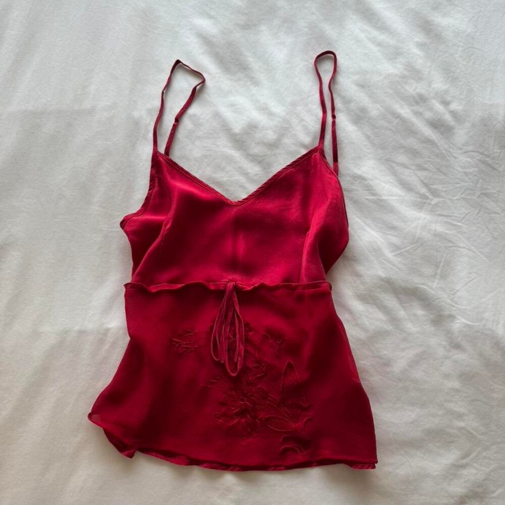 Red silk cami top with floral embroidery